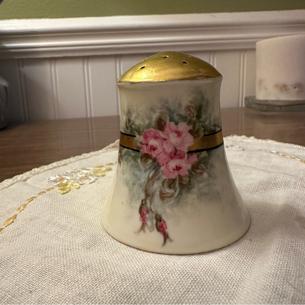Antique Hand Painted Pink Rose Gold Top Salt Shaker or Hair Pin Holder Signed HT